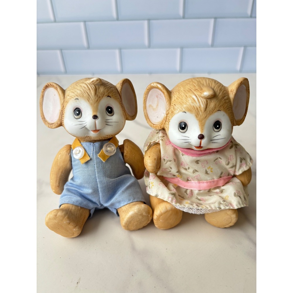 Vintage Homco Mouse Figurines Pair Boy Girl Jointed Porcelain
